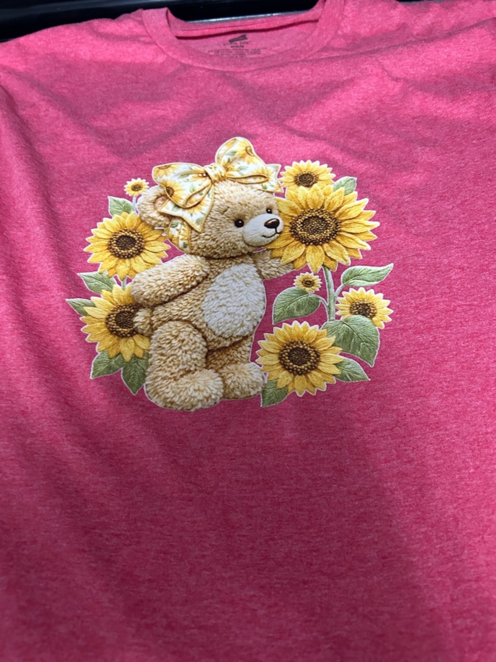 Women’s ' Pink Short Sleeve Tee with Teddy Bear & Sunflower Graphic